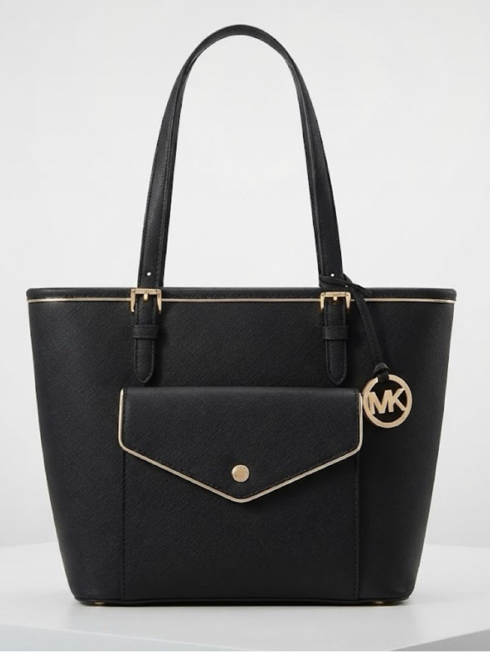 MICHAEL KORS Saffiano Leather Black Pocket Gold Trim Tote Jet Set Handbag